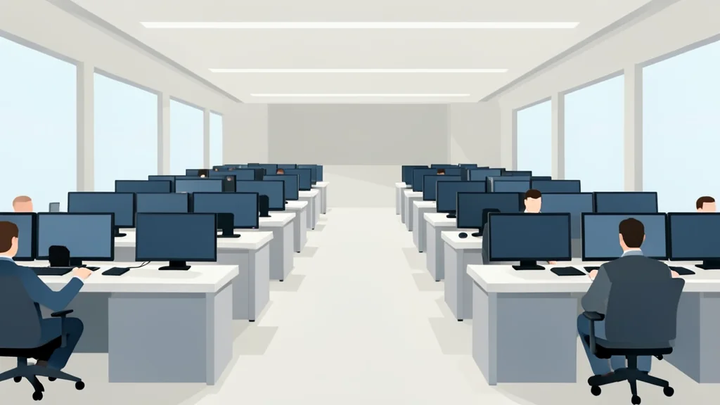 A modern stock exchange trading floor with rows of desks and monitors