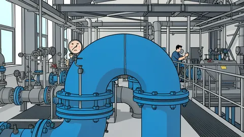 A large concrete water treatment facility with circular sedimentation tanks and industrial piping