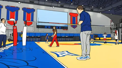 A flat vector illustration of a polished indoor volleyball court with a net stretched across the center, surrounded by empty bleachers and warm lighting.