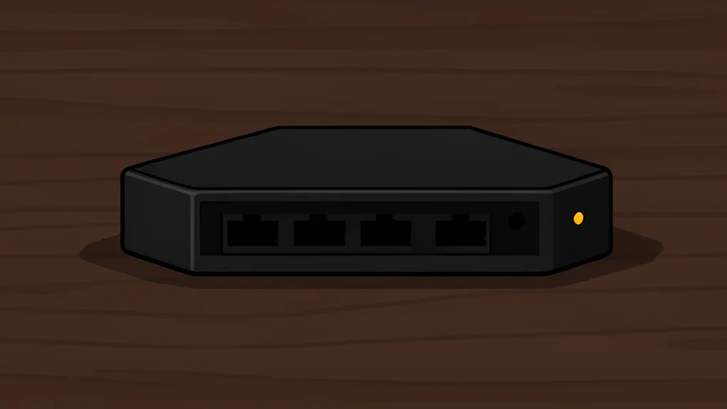 A black network router with multiple ethernet ports and a small status light, sitting on a desk