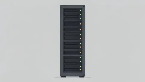 A server rack with blinking status lights