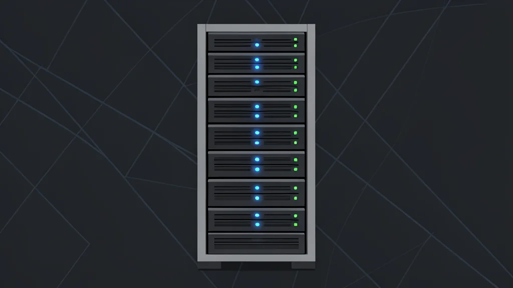 A stylized vector illustration of a server rack inside a modern data center with glowing blue lights.