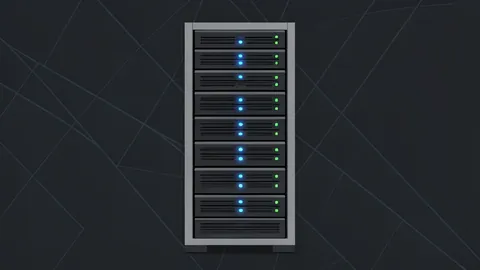 A stylized vector illustration of a server rack inside a modern data center with glowing blue lights.