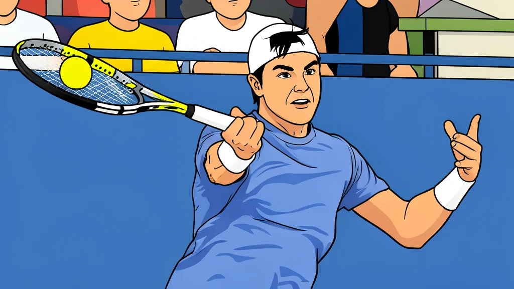 An indoor tennis court with a blue hard surface and white boundary lines, surrounded by empty spectator seating in a large arena.