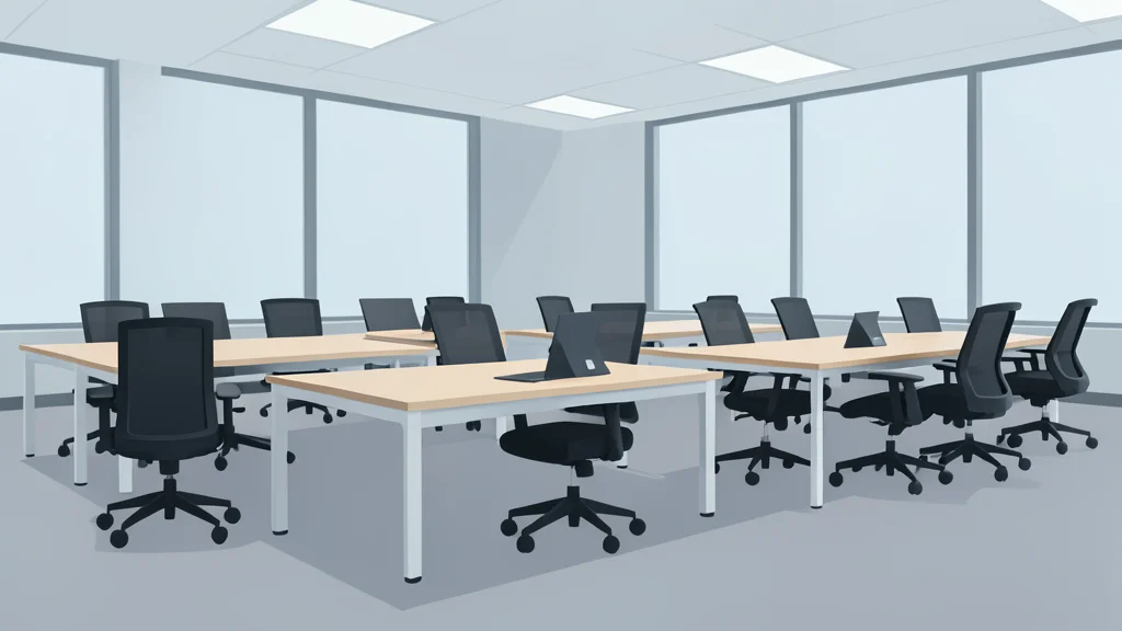 A row of empty office desks with ergonomic chairs in a large open-plan workspace