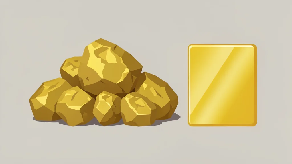 A flat-vector illustration showing a pile of raw gold ore rocks next to a single polished gold bar.