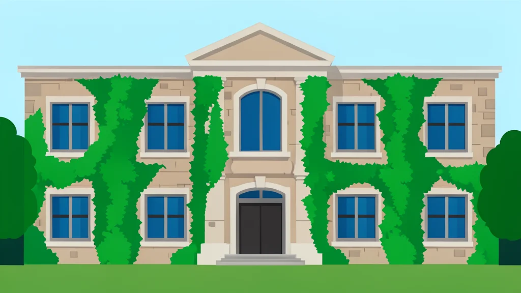 A stone university building facade covered in green ivy
