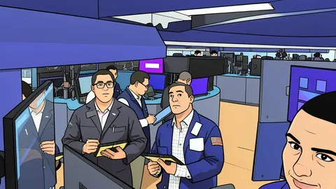 A flat vector illustration of a trading floor with rows of empty desks and dark monitors.
