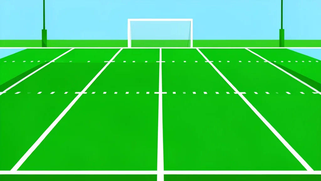 A green football field with white yard lines and goalposts in the distance