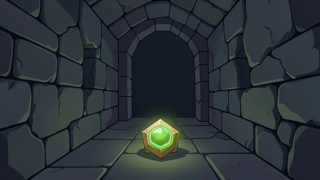 A dark, retro-style dungeon corridor with crumbling stone walls and a glowing artifact on the floor.
