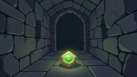 A dark, retro-style dungeon corridor with crumbling stone walls and a glowing artifact on the floor.