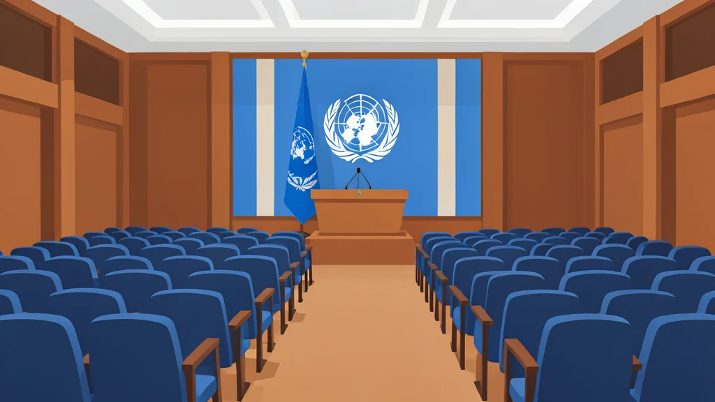 A flat vector illustration of a large assembly hall with rows of empty seats facing a central podium.