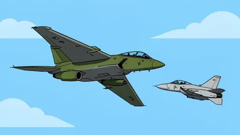 A flat-vector illustration of a military tanker aircraft flying alongside a fighter jet in a clear blue sky.