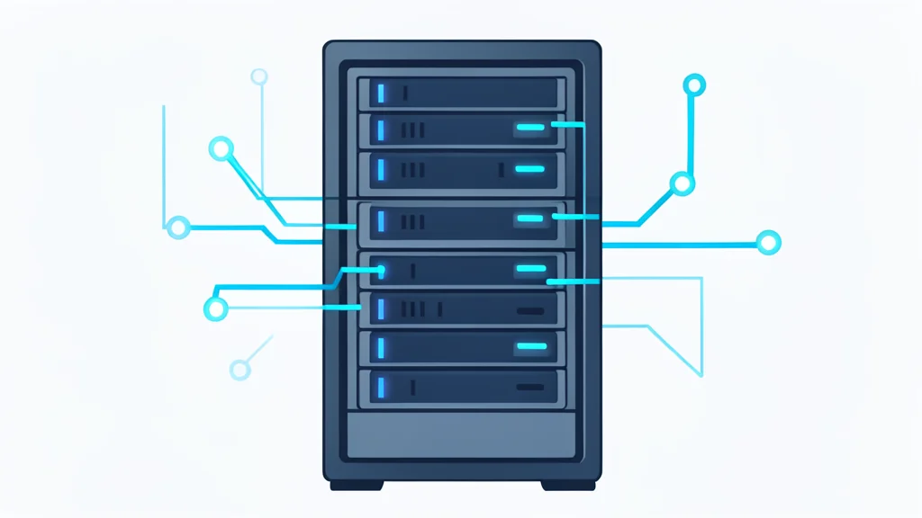 A stylized vector illustration of a server rack in a data center with glowing connection lines.