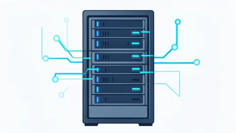 A stylized vector illustration of a server rack in a data center with glowing connection lines.