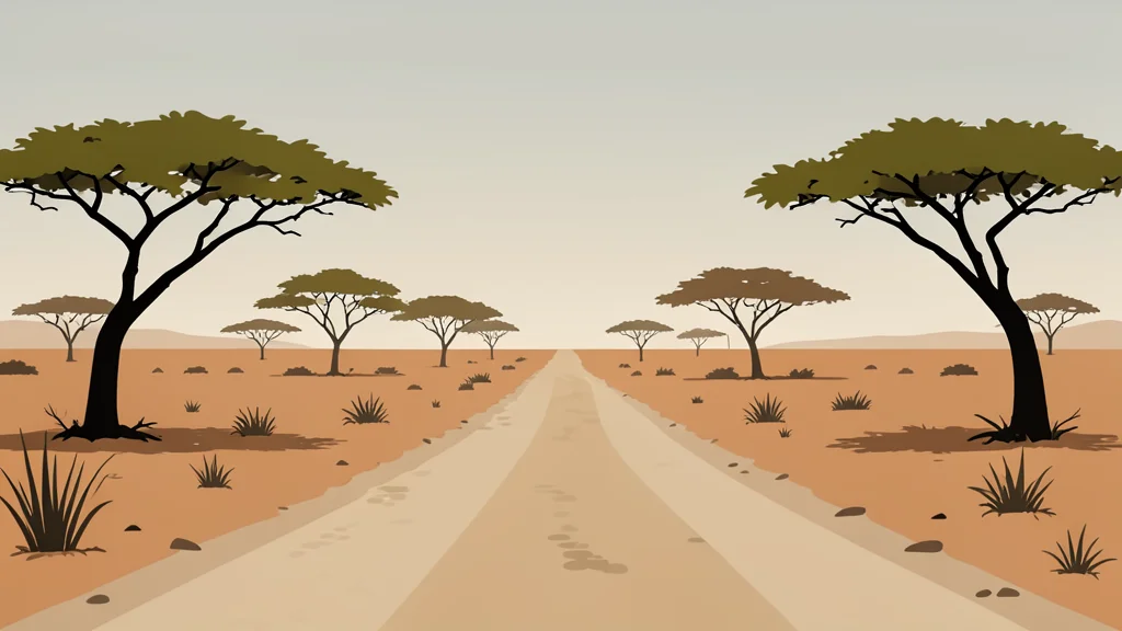 A dusty, unpaved road stretching through a dry, arid landscape with sparse acacia trees under a hazy sky
