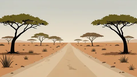 A dusty, unpaved road stretching through a dry, arid landscape with sparse acacia trees under a hazy sky