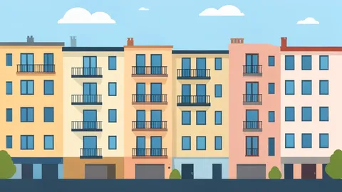 A row of multi-story apartment buildings with balconies and windows