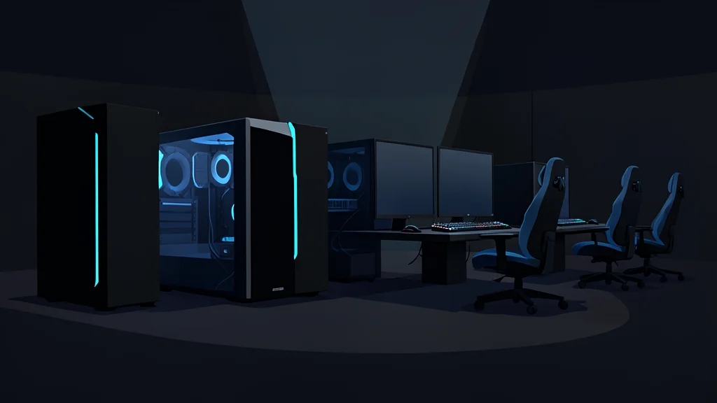 A row of high-performance gaming computers with mechanical keyboards and mice in a darkened arena