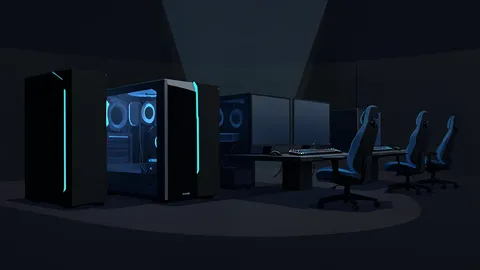 A row of high-performance gaming computers with mechanical keyboards and mice in a darkened arena