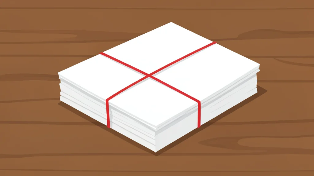 A stack of white paper documents tied with a red string, resting on a wooden desk