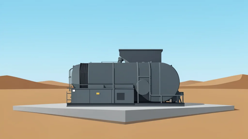 A large industrial gas turbine generator on a concrete pad in a desert landscape.