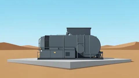 A large industrial gas turbine generator on a concrete pad in a desert landscape.