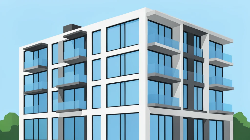 A modern multi-story residential apartment building with large glass windows and balconies