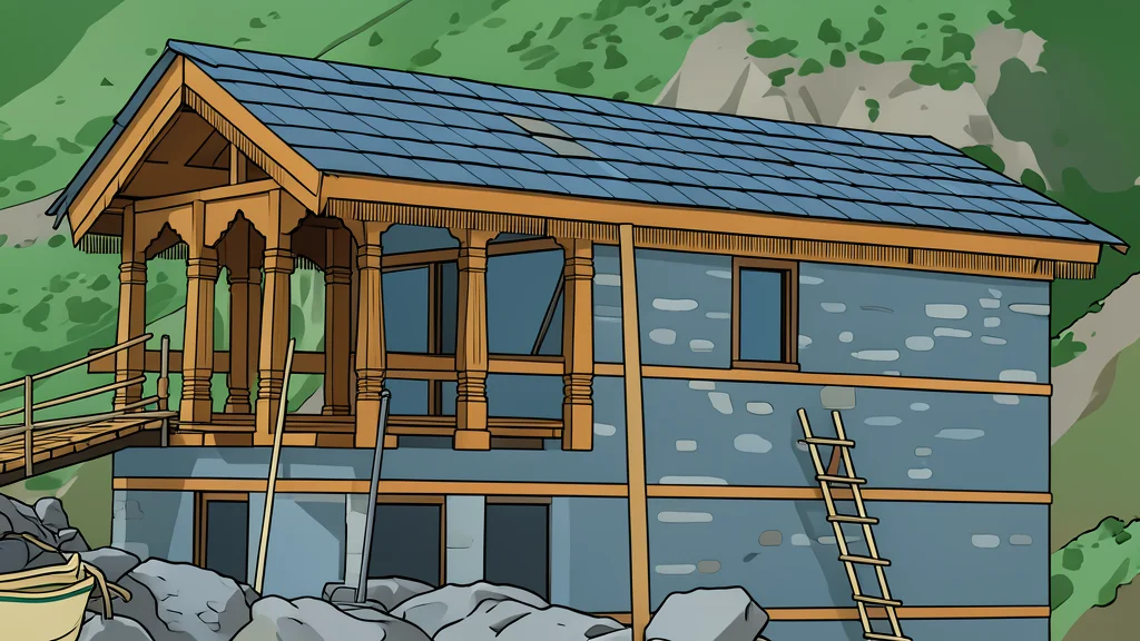 Traditional stone and wood houses with sloping slate roofs nestled among snow-capped Himalayan cliffs