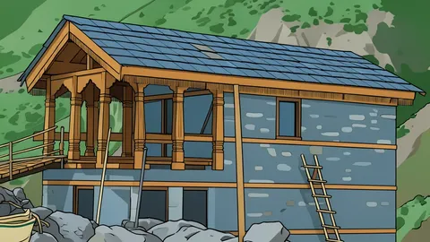 Traditional stone and wood houses with sloping slate roofs nestled among snow-capped Himalayan cliffs