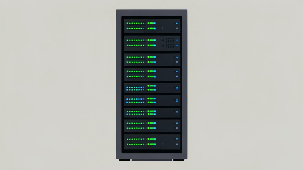 A server rack with blinking status lights