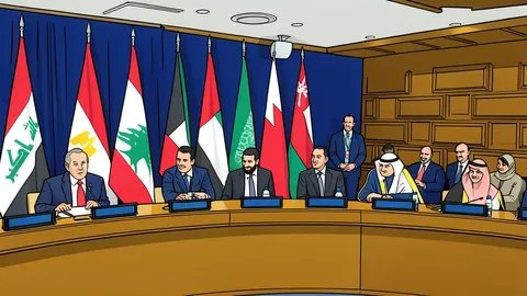 A large, round conference table surrounded by chairs in a formal meeting room.