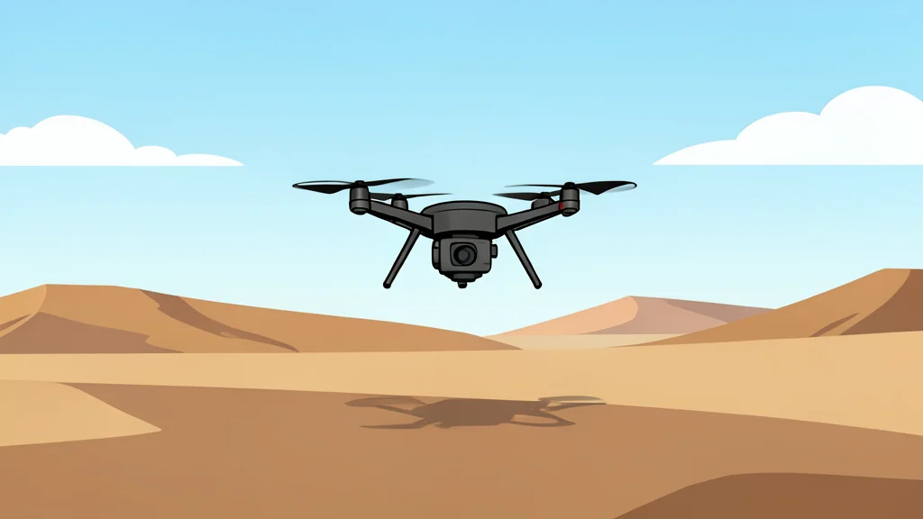 A small quadcopter drone hovering over a dusty, arid landscape