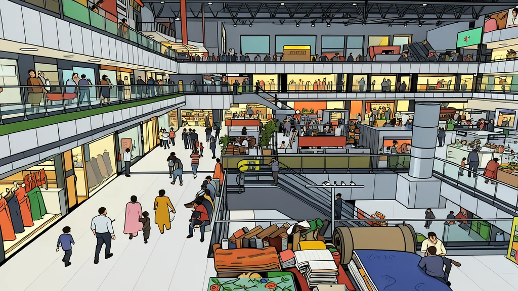 Interior atrium of a modern shopping mall with escalators and retail storefronts