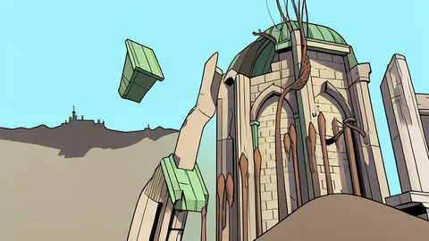 A flat vector illustration of a stone tower interior with a single glowing magical door set into the wall.