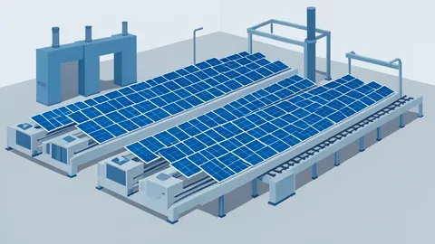 A solar panel manufacturing facility with rows of photovoltaic cells on assembly lines
