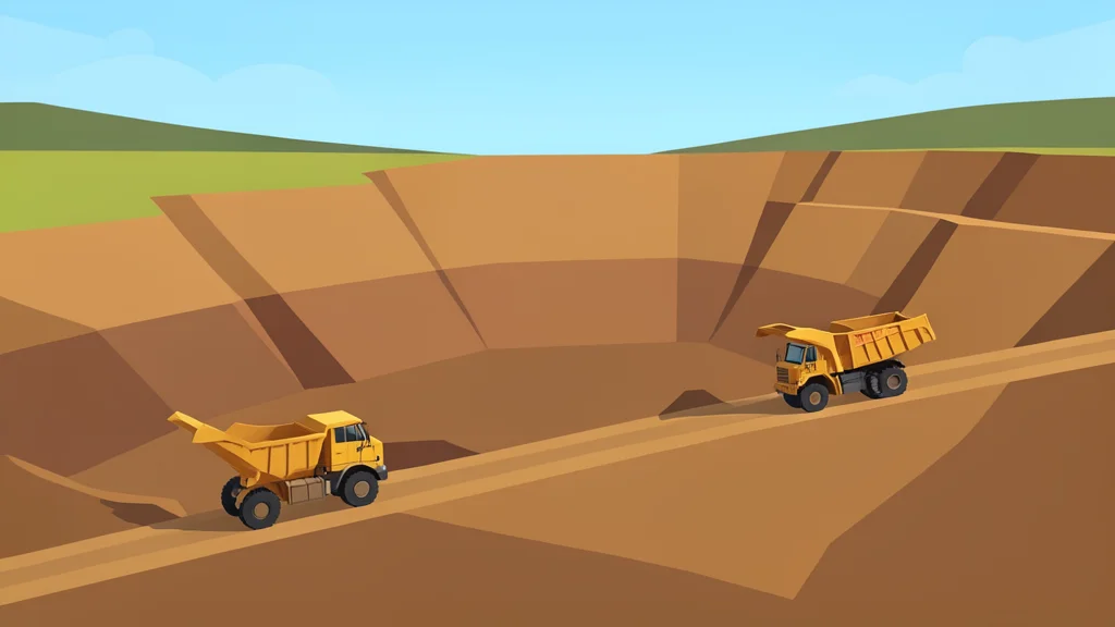 A large open-pit mine with terraced earth walls and heavy mining trucks operating on the surface