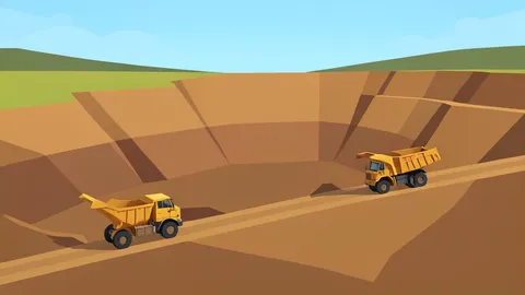 A large open-pit mine with terraced earth walls and heavy mining trucks operating on the surface