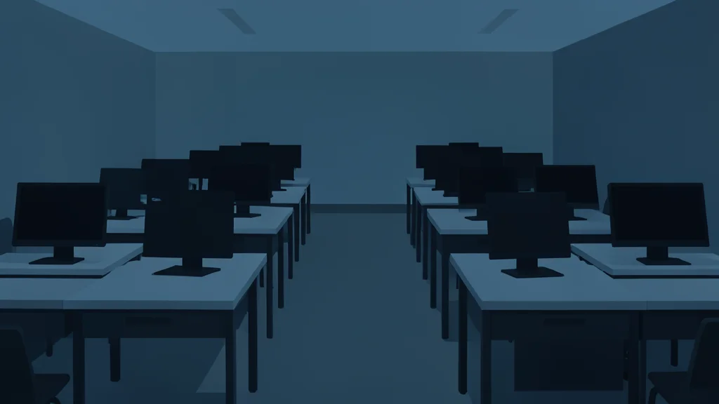 A dimly lit game development studio with rows of empty desks and computer monitors