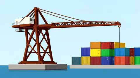 A large cargo ship moving through a calm sea channel near a modern port facility.
