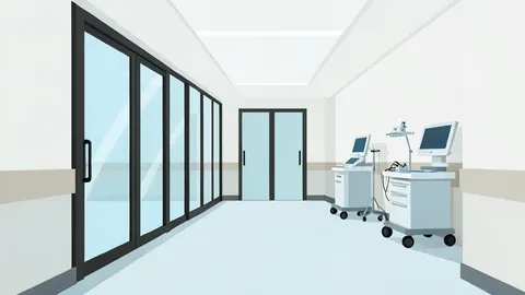 A modern hospital corridor with glass doors and medical equipment in the background