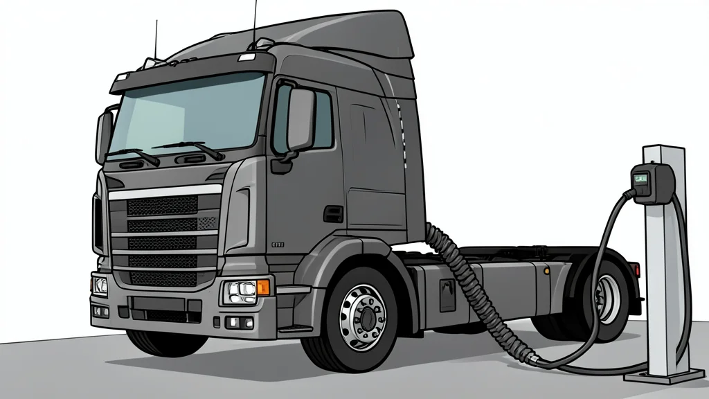 A row of heavy-duty electric trucks parked in a depot with charging cables connected to their rear ports