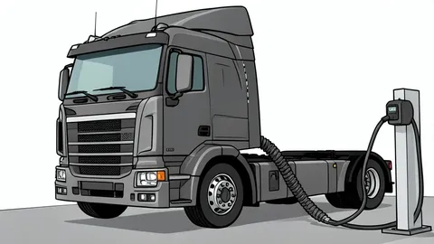 A row of heavy-duty electric trucks parked in a depot with charging cables connected to their rear ports