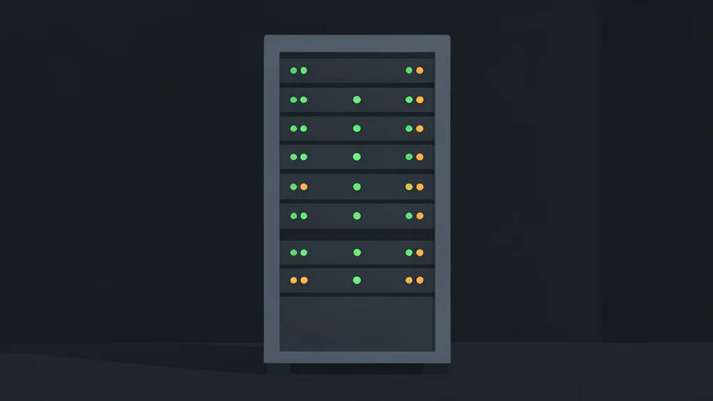 A server rack with blinking status lights in a dark data center