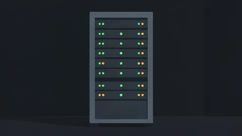 A server rack with blinking status lights in a dark data center