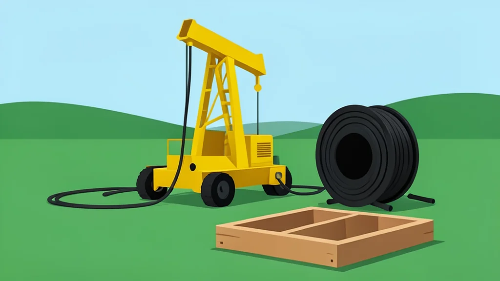 A drilling rig standing in a rural field with a spool of cable and a sample tray nearby