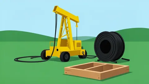 A drilling rig standing in a rural field with a spool of cable and a sample tray nearby