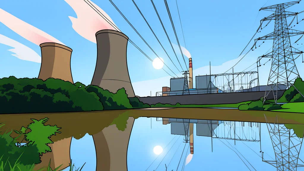 A large industrial cooling tower with steam rising from the top, situated next to a concrete reactor containment building.