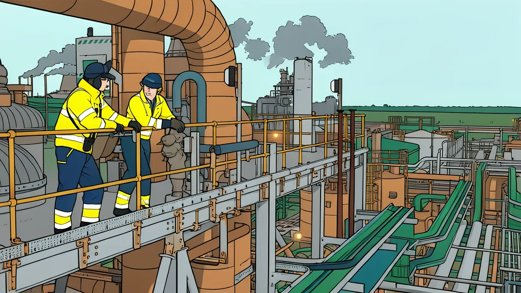 A flat vector illustration of an industrial chemical plant with tall distillation columns and complex piping infrastructure.