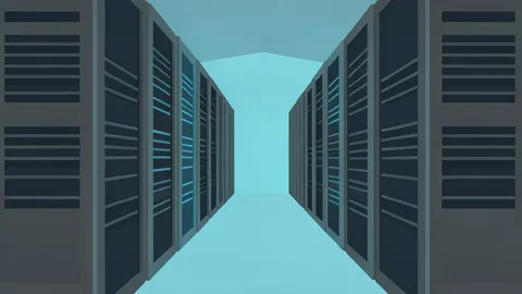 Rows of server racks in a data center